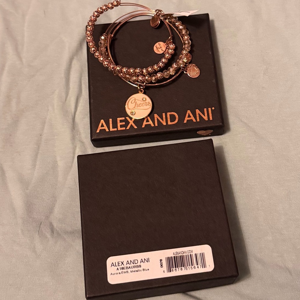 NEW SET Alex and Ani Cheers Charm Bracelet Rose Gold GIFT BOX CHAMPAGNE BEAD NWT - Picture 9 of 12